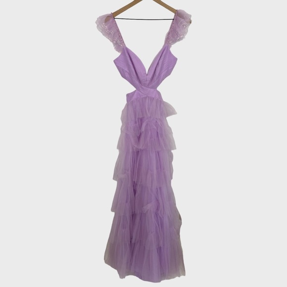 NEW Mac Duggal Lilac Ruffle Tiered Maxi Dress with Criss Cross Open Back NWT 4 - Picture 4 of 14